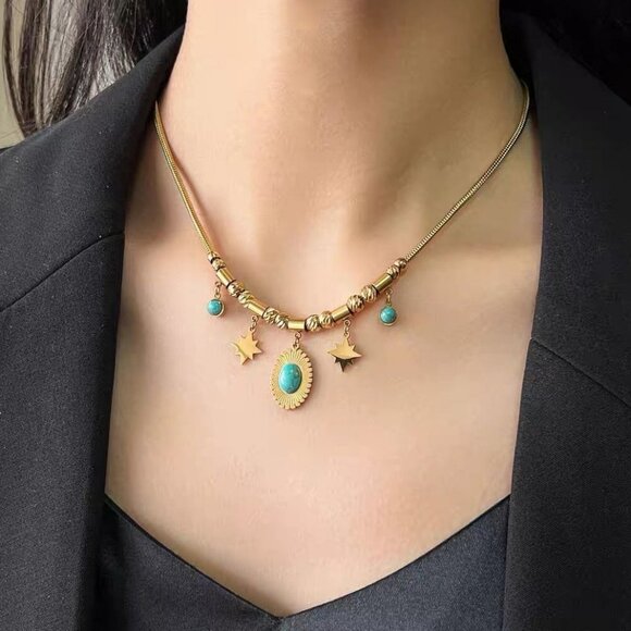 Jewelry - Beading Oval Stone Star Charm Chain Choker Necklace